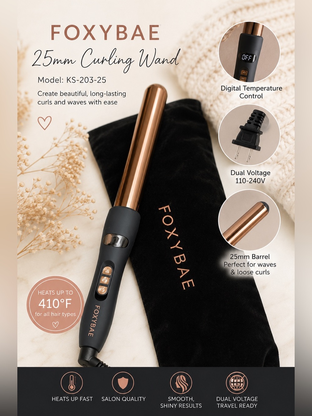 FOXYBAE Rose Gold 1 inch Curling Wand with Black Handle and Heat-Resistant Glove